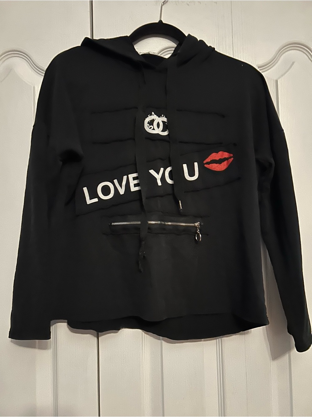 Black 'LOVE YOU' Hoodie with Red Lip Detail